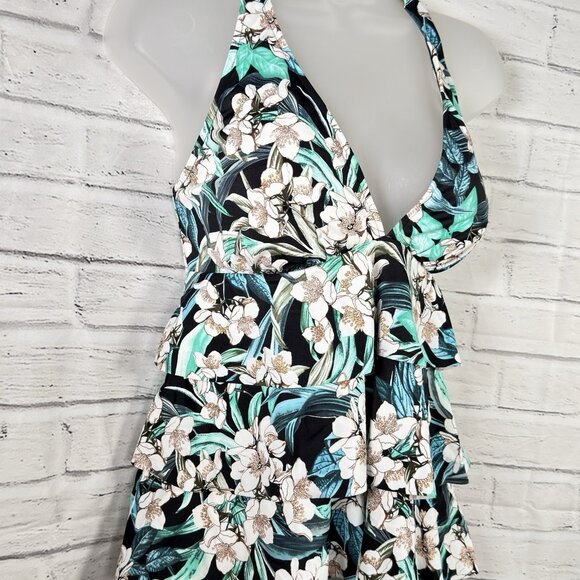 Swim Solutions Vintage Bouquet Triple Tier Halter Tankini Black Floral Size 18 - Picture 4 of 9